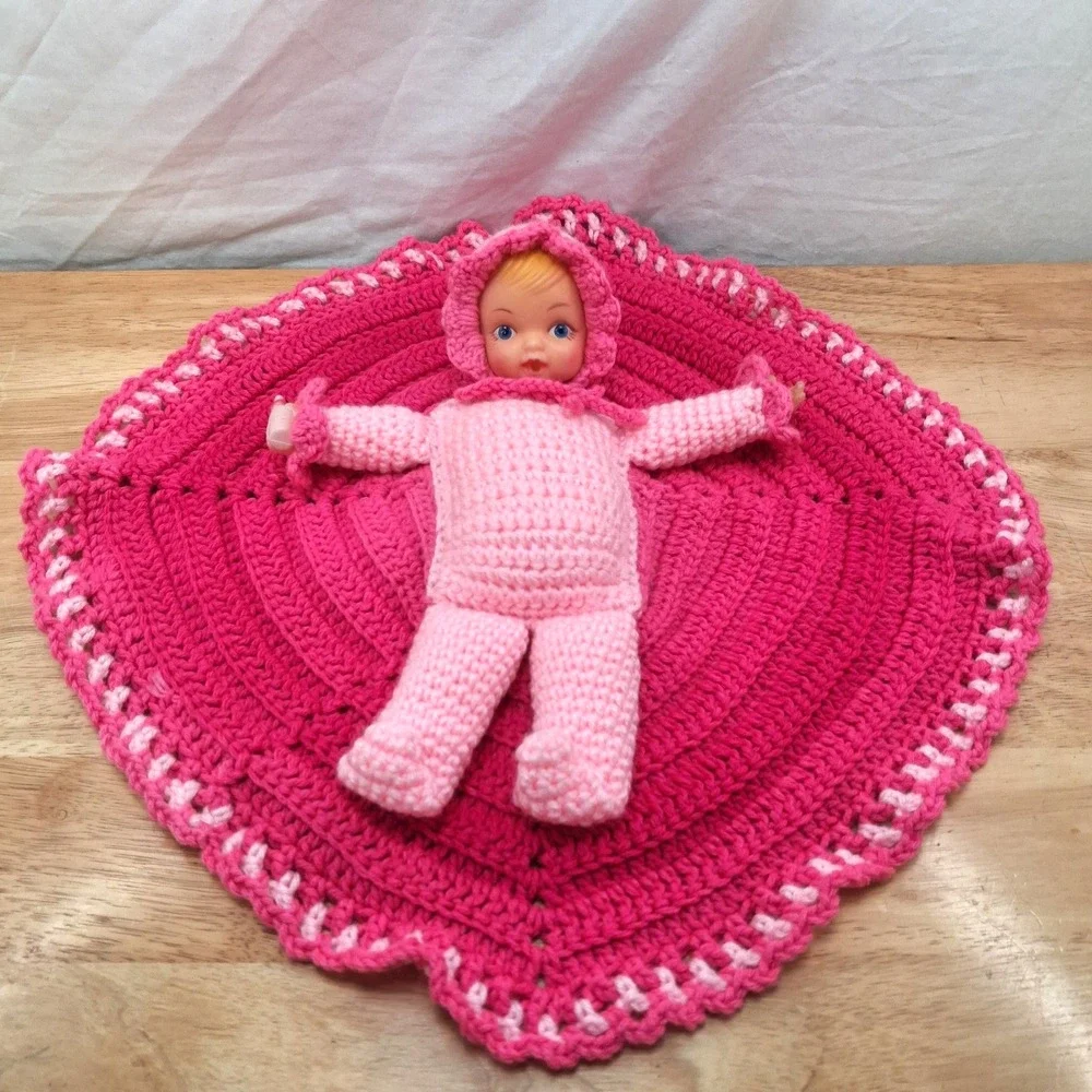 Vintage Crocheted Baby Doll In Blanket Pink and White Rubber Face Hands Granny